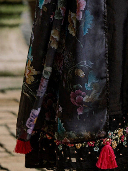 Dhiyona IE Floral Yoke Design Thread Work A-Line Kurta With Trousers & Dupatta