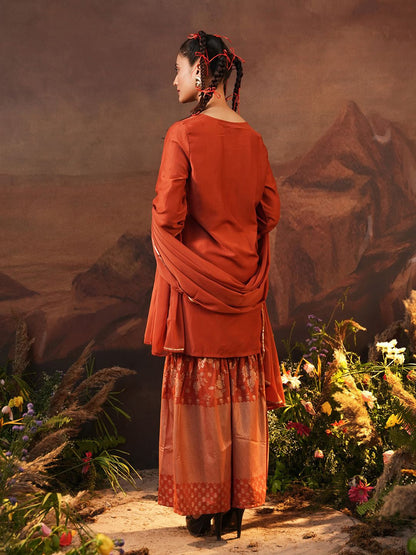 Dhiyona IS Women's Floral Printed Round Neck Three-Quarter Sleeves Kurti with Sharara & With Dupatta