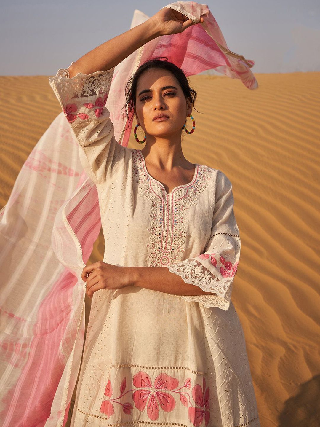 Floral Embroidered Mirror Work Panelled Pure Cotton Kurta With Palazzos & Dupatta