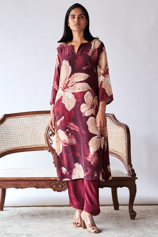 Women's Maroon and Beige Bemberg Silk Printed Co-ord Set