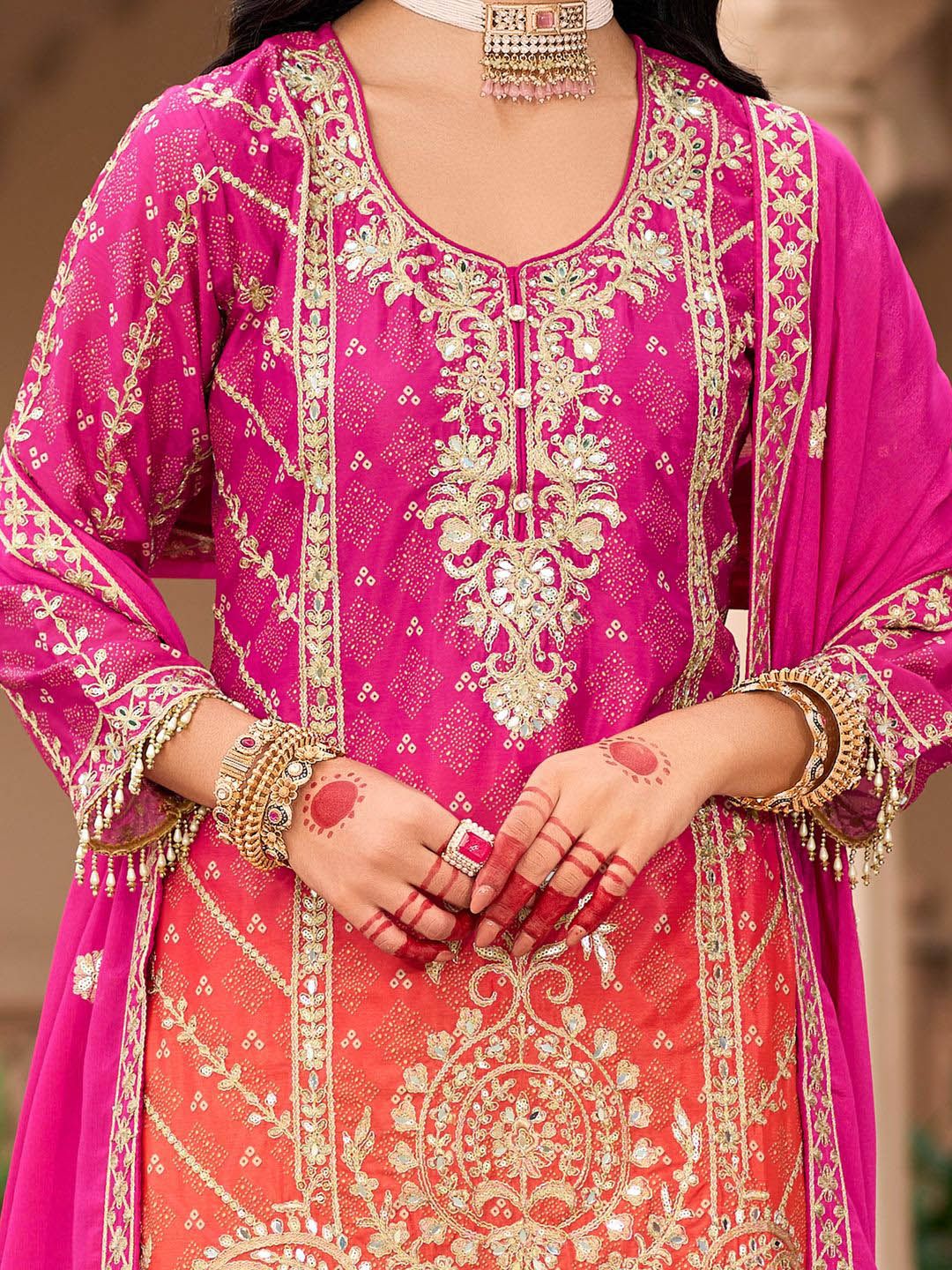 Floral Embroidered Zari Straight Kurti With Palazzos And Dupatta