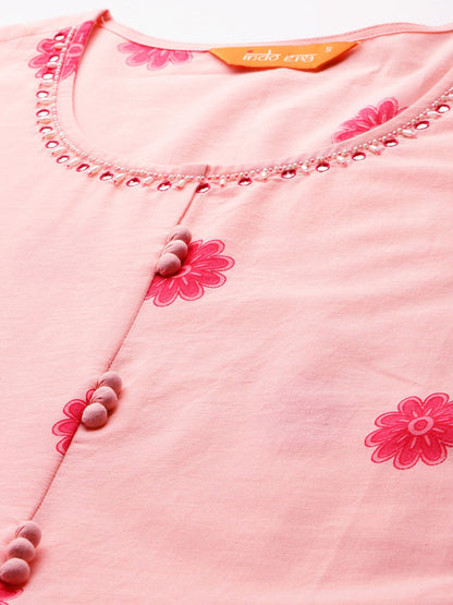 Floral Printed Beads & Stones Pure Cotton Kurta With Trousers & Dupatta