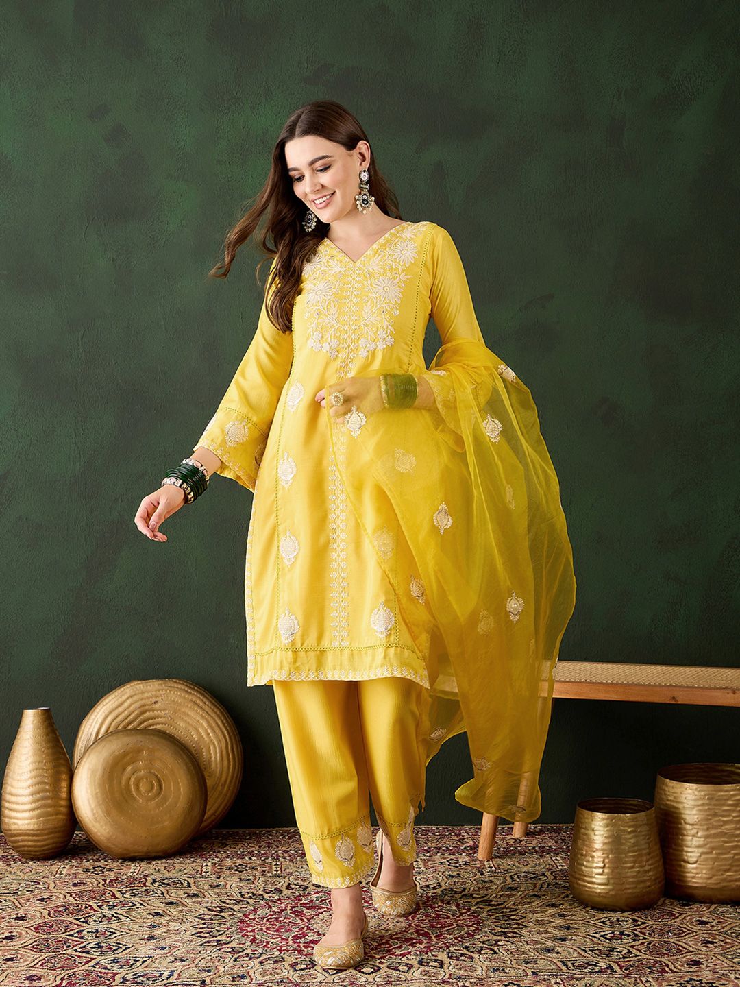 Dhiyona SN Women's Yellow Floral Embroidered Sequined Straight Kurta With Trousers & Dupatta