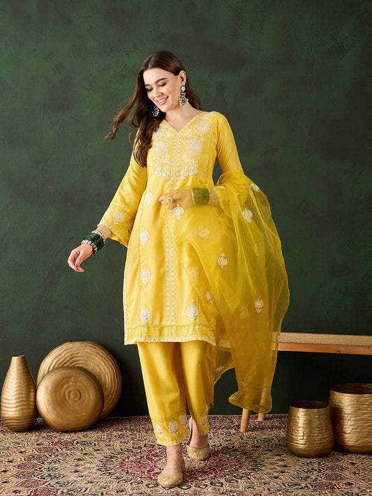 Dhiyona SN Women's Yellow Floral Embroidered Sequined Straight Kurta With Trousers & Dupatta