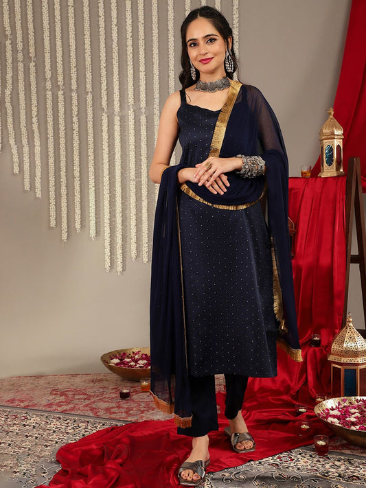 Dhiyona VA Women'sWoven Design Shoulder Straps Anarkali Kurta & Trousers With Dupatta