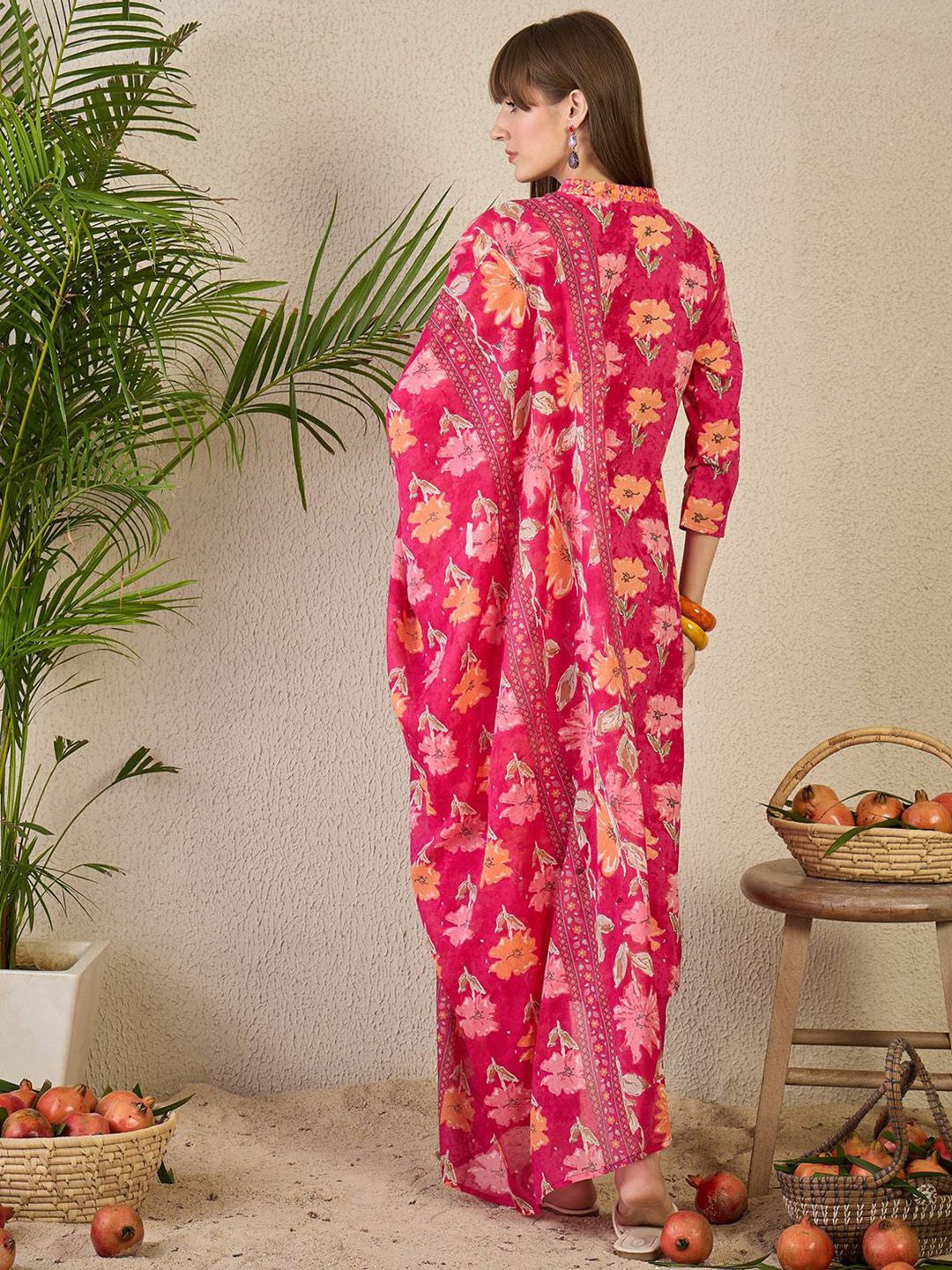 Dhiyona IE Women's Floral Printed Pleated Mirror Work Pure Cotton Kurta with Trousers & Dupatta