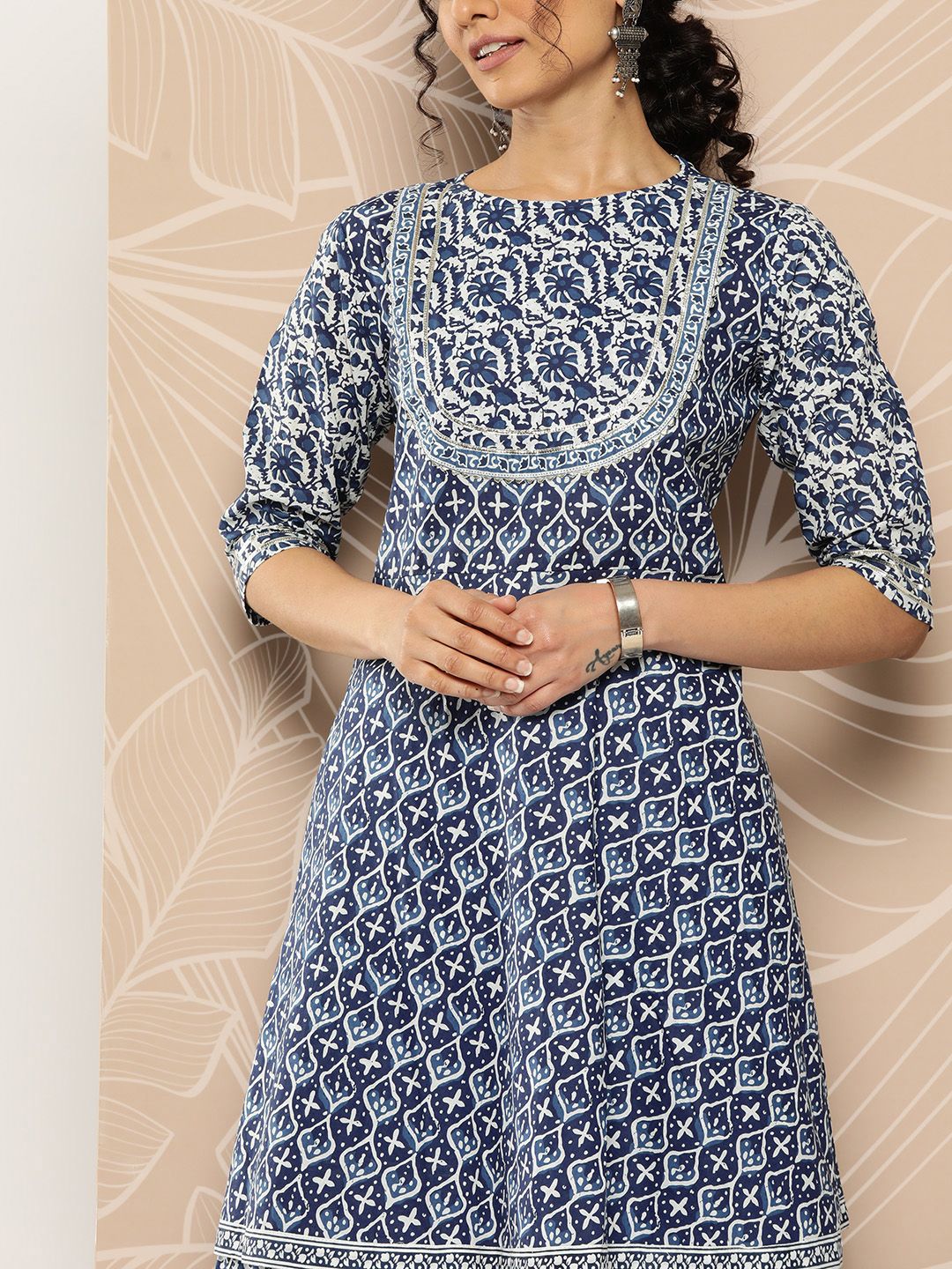 Dhiyona VA Women'sEthnic Motifs Printed Pleated Gotta Patti Pure Cotton Kurti With Sharara