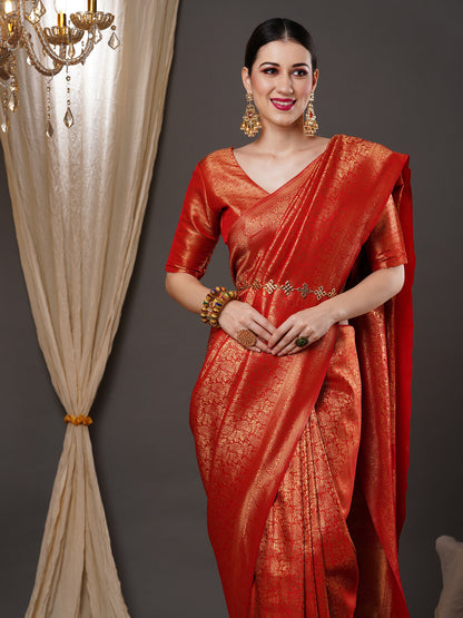Women's Silk Blend Red Woven Design Designer Saree With Blouse Piece