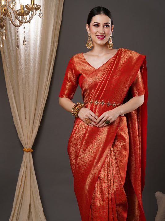 Women's Silk Blend Red Woven Design Designer Saree With Blouse Piece