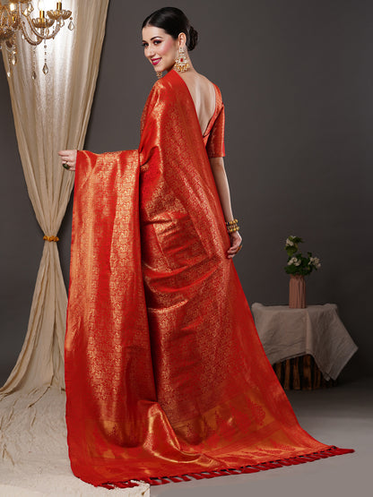 Women's Silk Blend Red Woven Design Designer Saree With Blouse Piece