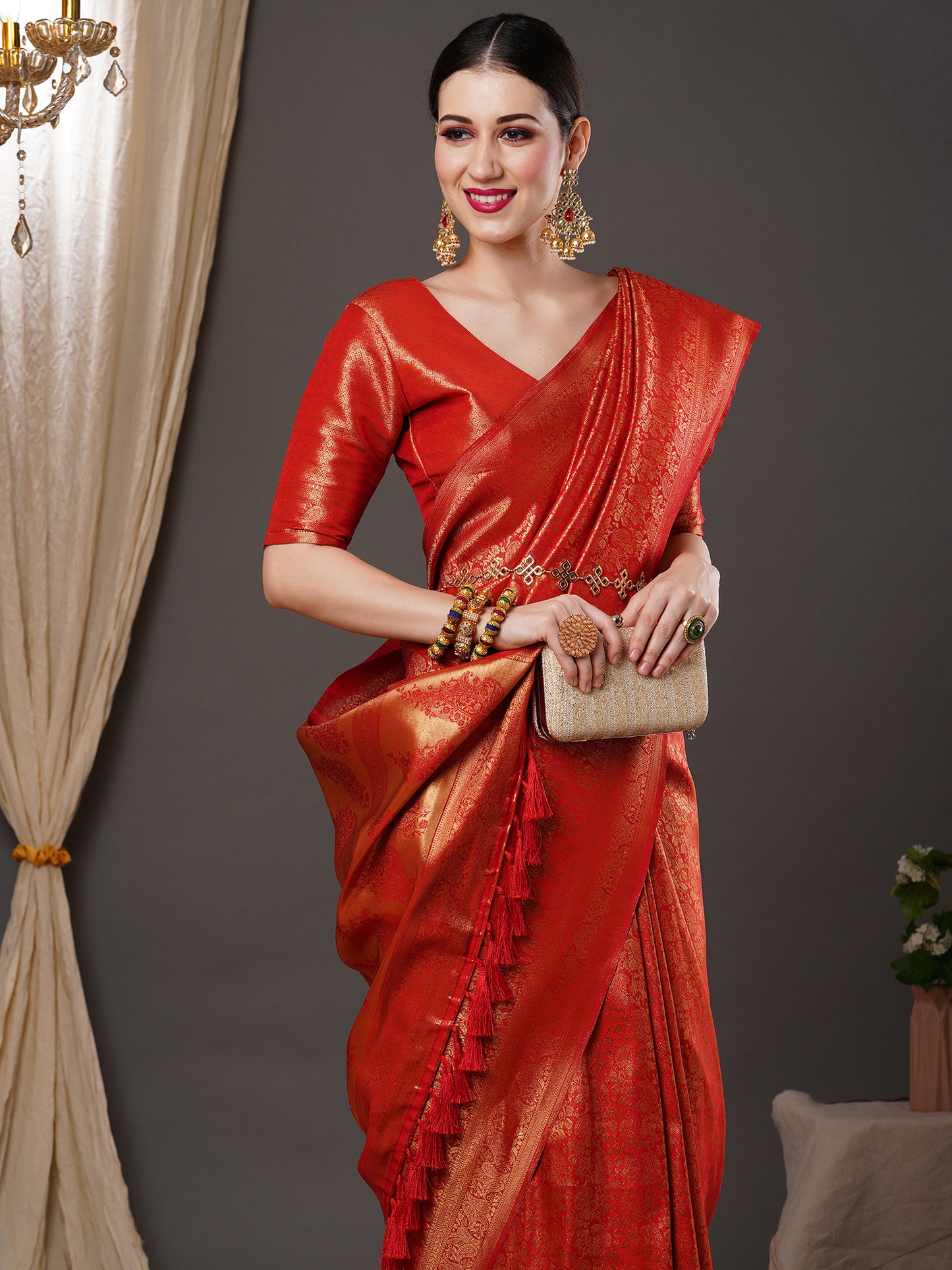 Women's Silk Blend Red Woven Design Designer Saree With Blouse Piece