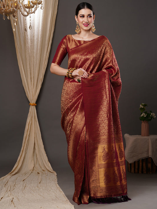 Women's Silk Blend Burgundy Woven Design Designer Saree With Blouse Piece