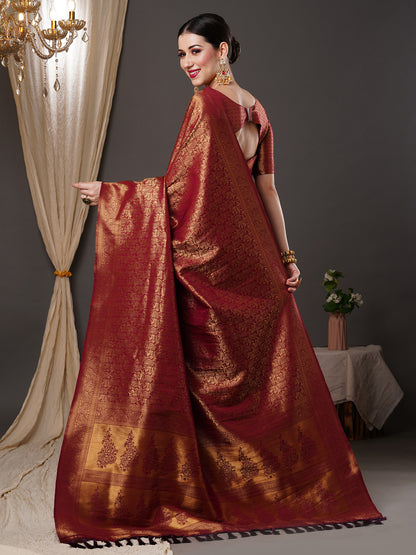 Women's Silk Blend Burgundy Woven Design Designer Saree With Blouse Piece