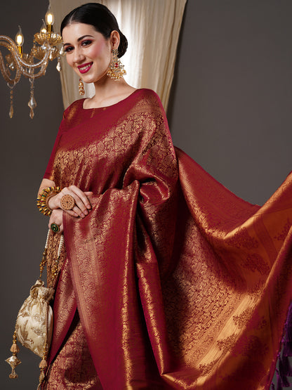 Women's Silk Blend Burgundy Woven Design Designer Saree With Blouse Piece