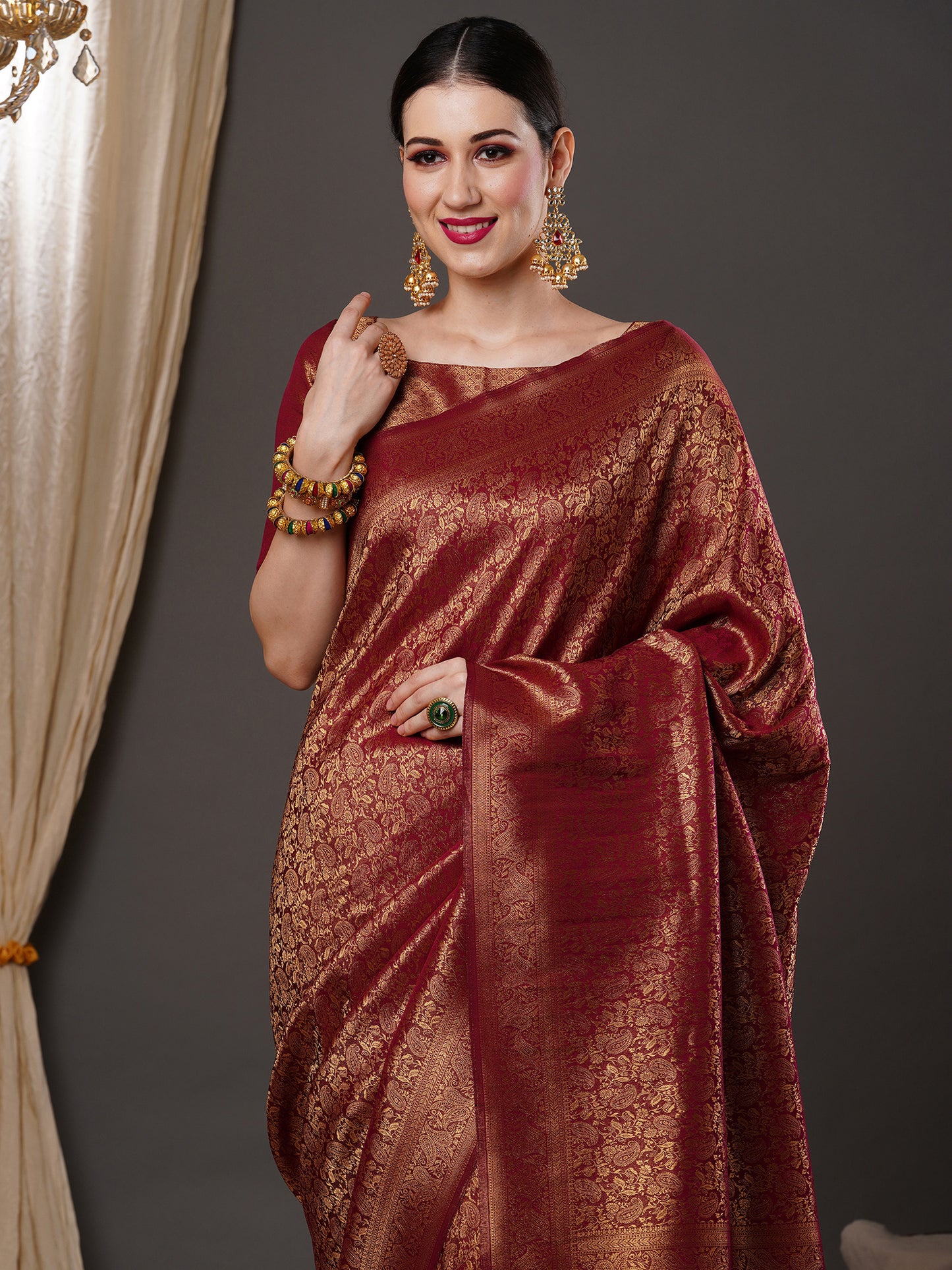 Women's Silk Blend Burgundy Woven Design Designer Saree With Blouse Piece