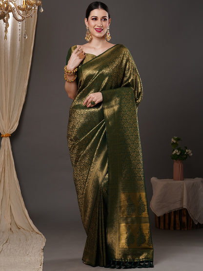 Women's Silk Blend Green Woven Design Designer Saree With Blouse Piece