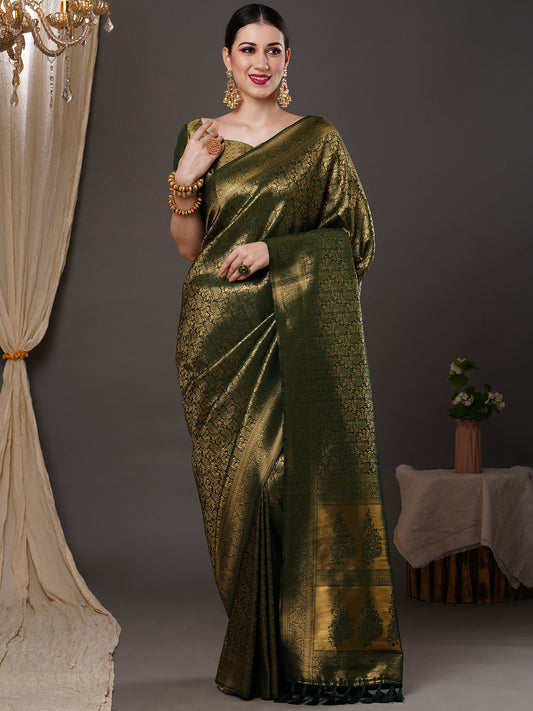 Women's Silk Blend Green Woven Design Designer Saree With Blouse Piece