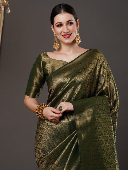 Women's Silk Blend Green Woven Design Designer Saree With Blouse Piece