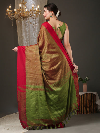 Women's Aura Silk Maroon Woven Design Designer Saree With Blouse Piece