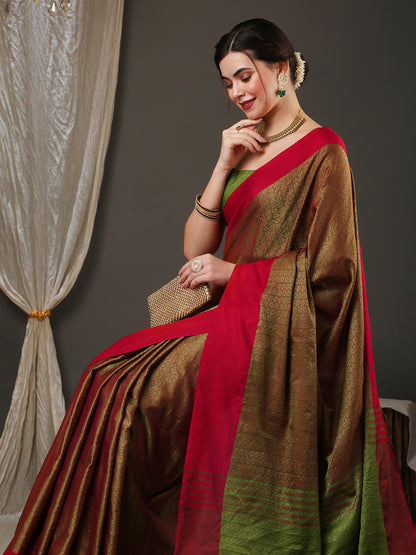 Women's Aura Silk Maroon Woven Design Designer Saree With Blouse Piece