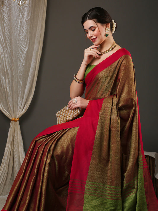 Women's Aura Silk Maroon Woven Design Designer Saree With Blouse Piece