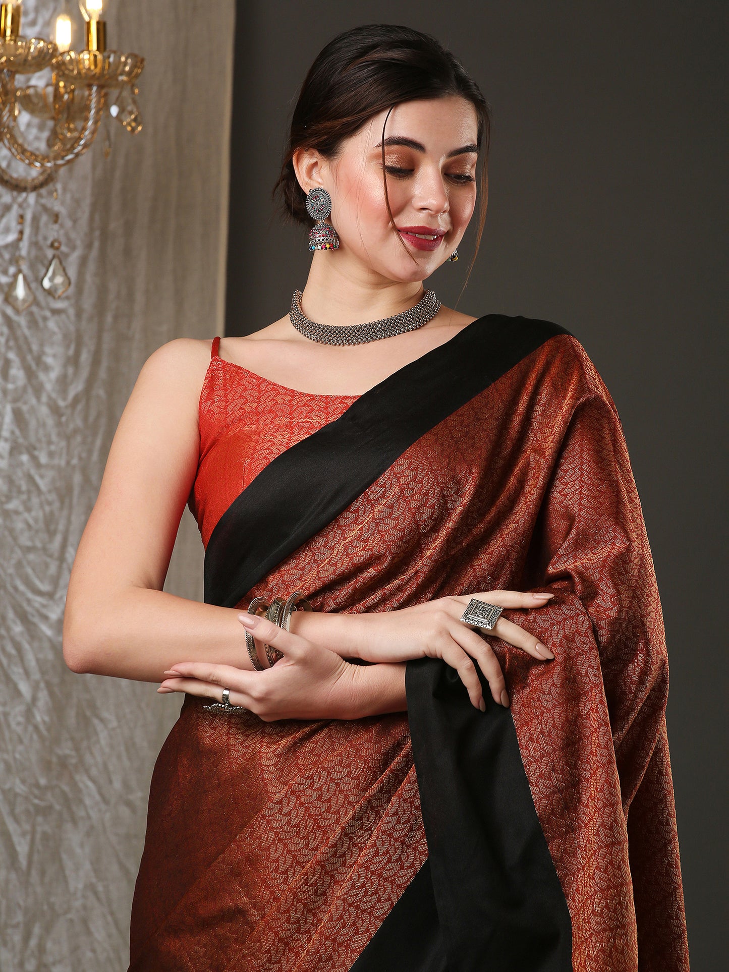 Women's Aura Silk Brown Woven Design Designer Saree With Blouse Piece