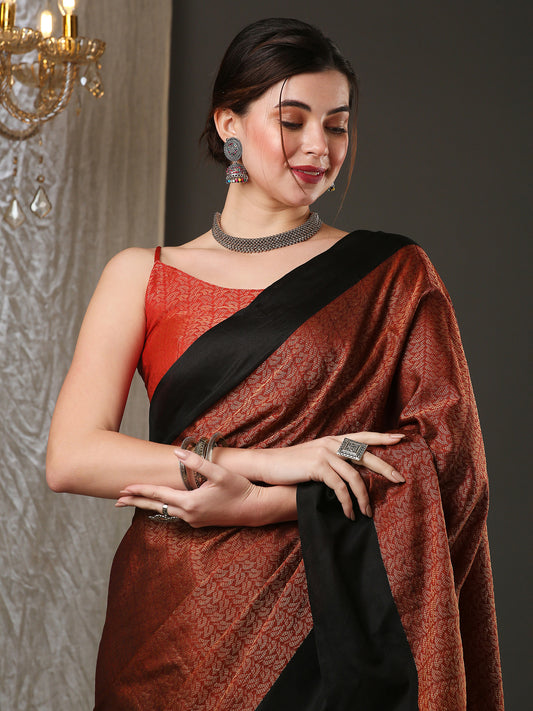 Women's Aura Silk Brown Woven Design Designer Saree With Blouse Piece