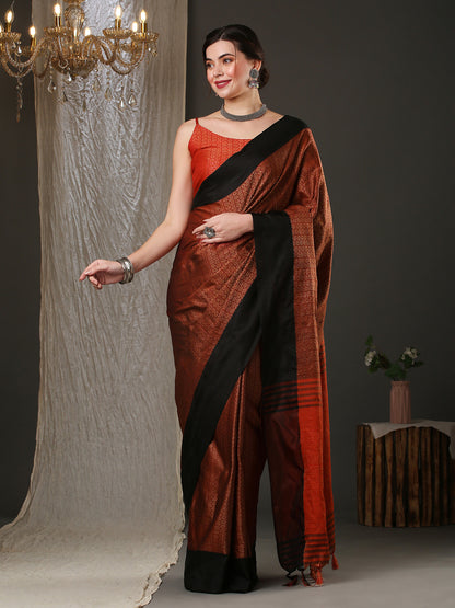 Women's Aura Silk Brown Woven Design Designer Saree With Blouse Piece