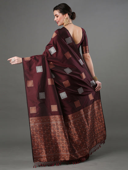 Women's Silk Blend Brown Woven Design Designer Saree With Blouse Piece
