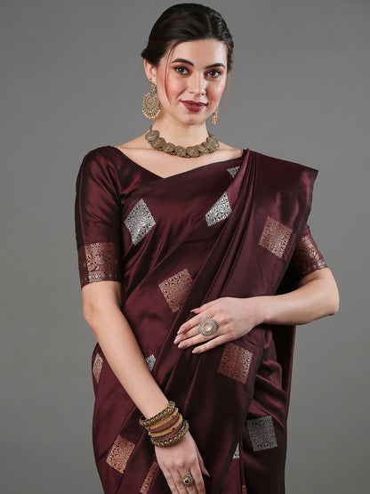 Women's Silk Blend Brown Woven Design Designer Saree With Blouse Piece