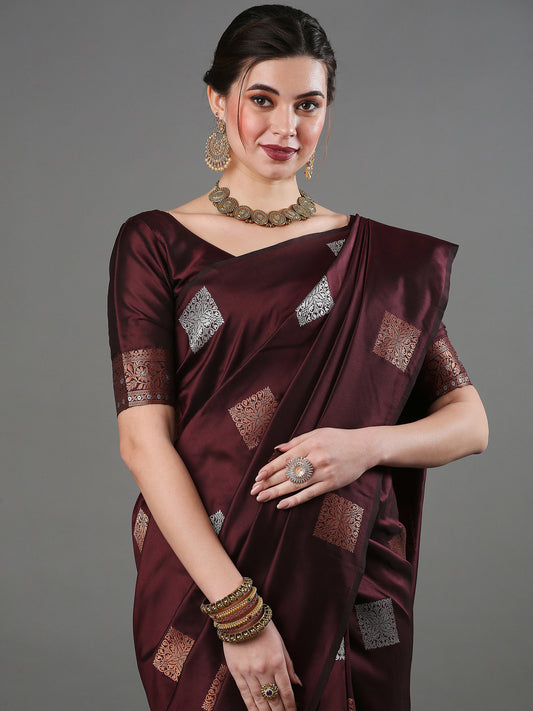 Women's Silk Blend Brown Woven Design Designer Saree With Blouse Piece