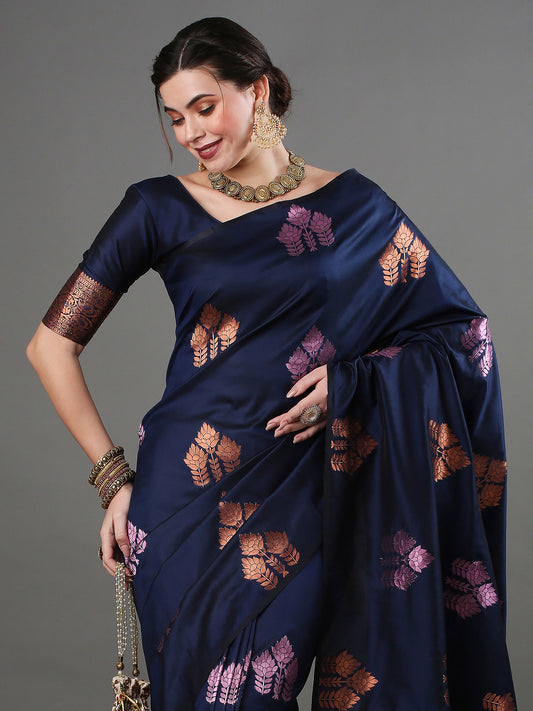 Women's Silk Blend Navy Blue Woven Design Designer Saree With Blouse Piece