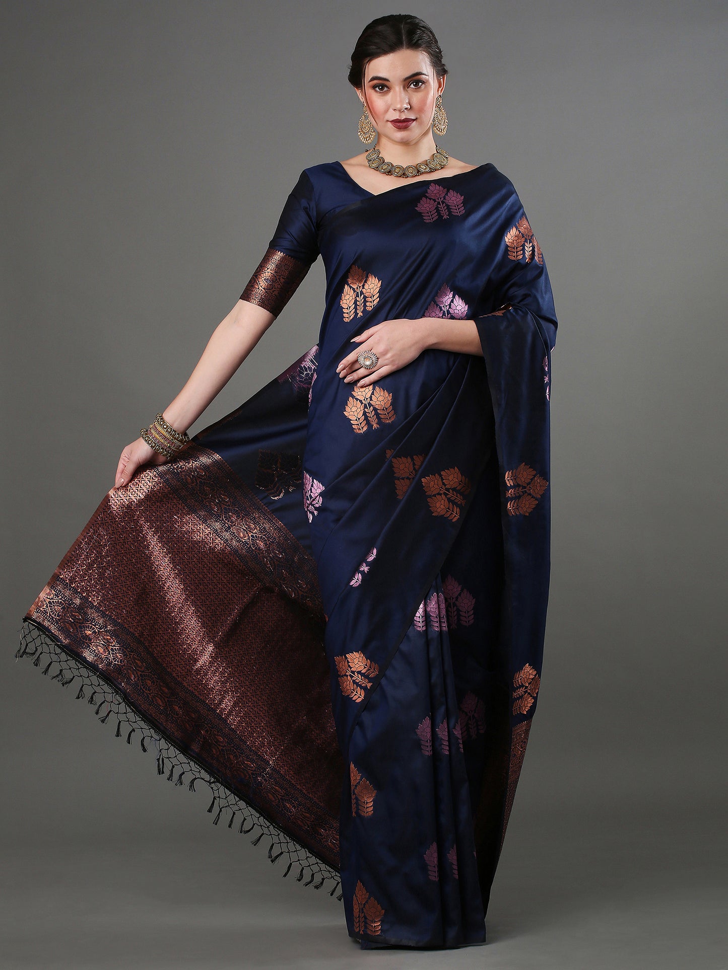 Women's Silk Blend Navy Blue Woven Design Designer Saree With Blouse Piece