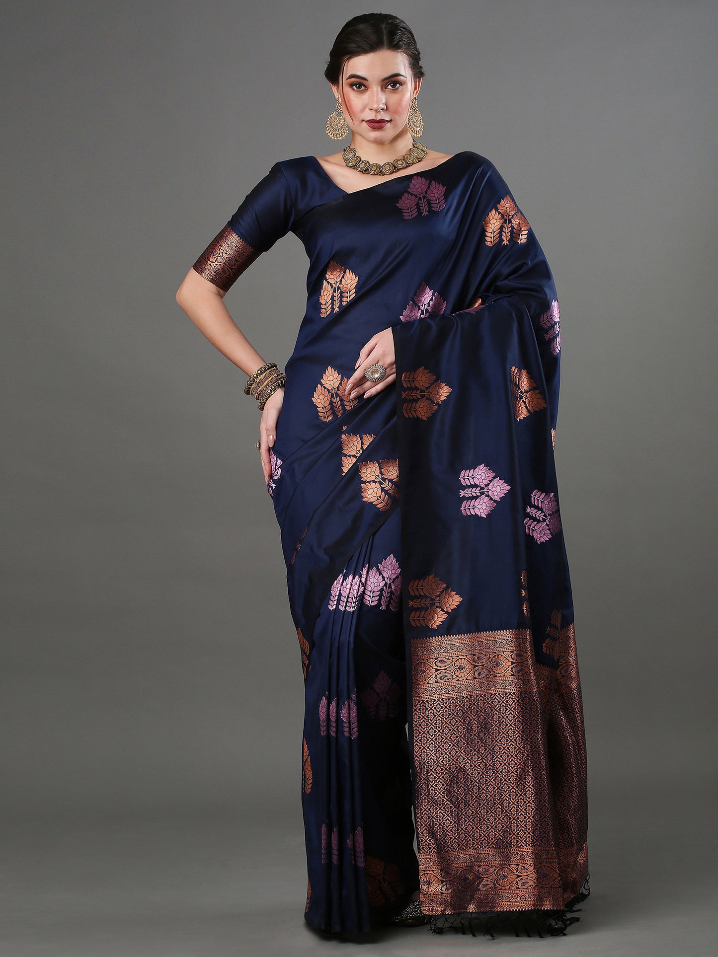 Women's Silk Blend Navy Blue Woven Design Designer Saree With Blouse Piece