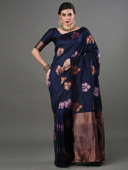 Women's Silk Blend Navy Blue Woven Design Designer Saree With Blouse Piece
