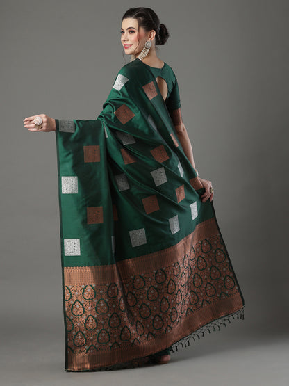 Women's Silk Blend Green Woven Design Designer Saree With Blouse Piece