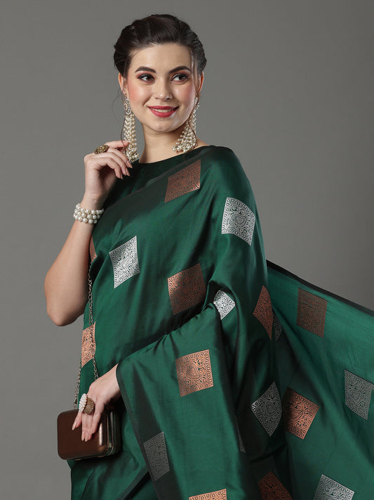 Women's Silk Blend Green Woven Design Designer Saree With Blouse Piece
