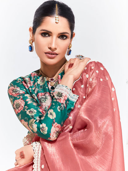 Dhiyona KM Women Pink Saree With Green Floral Blouse “ A Graceful Ethnic Ensemble
