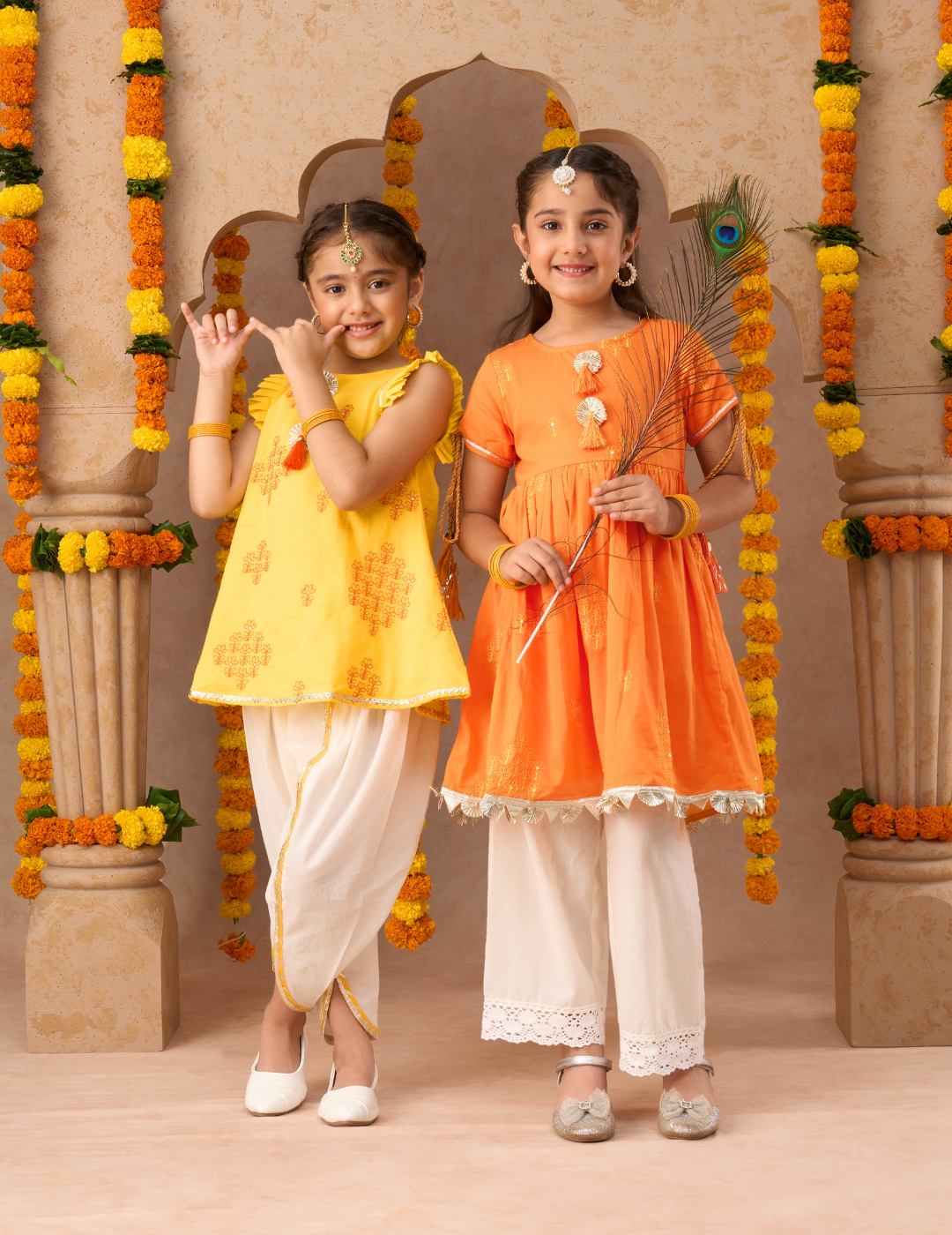 Marigold magic Girls Yellow Cotton Kurta and White Dhoti Ethnic Set