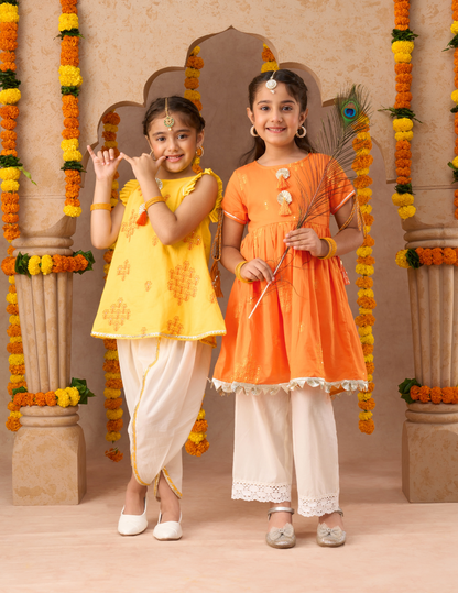 Marigold magic Girls Yellow Cotton Kurta and White Dhoti Ethnic Set