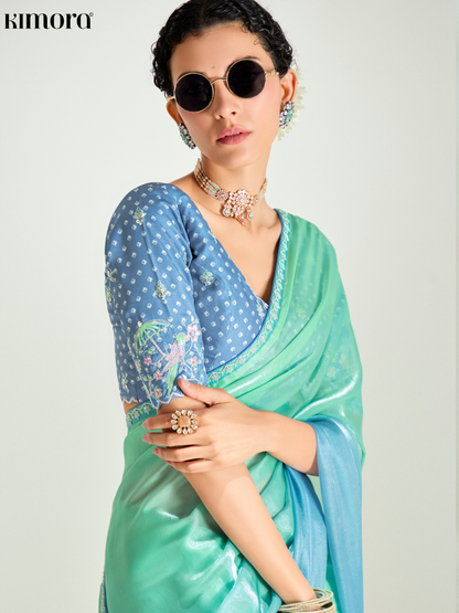 Dhiyona KM Women Sky Blue Shade Organza Saree