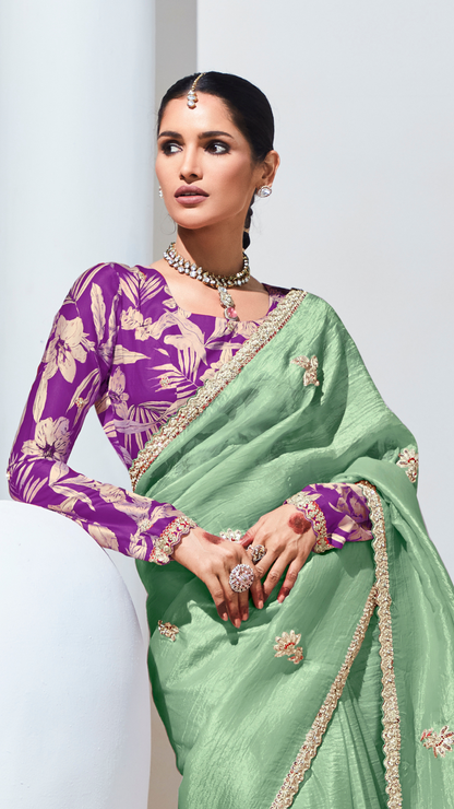 Dhiyona KM Women Sea Green Pure Tissue Silk Saree With Crushed Finish & Royal Purple Blouse
