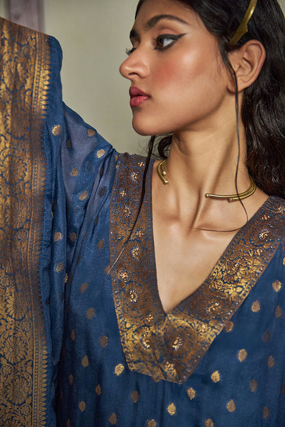 Women's Blue Opal Bemberg Chinon Silk Woven Kaftan Set