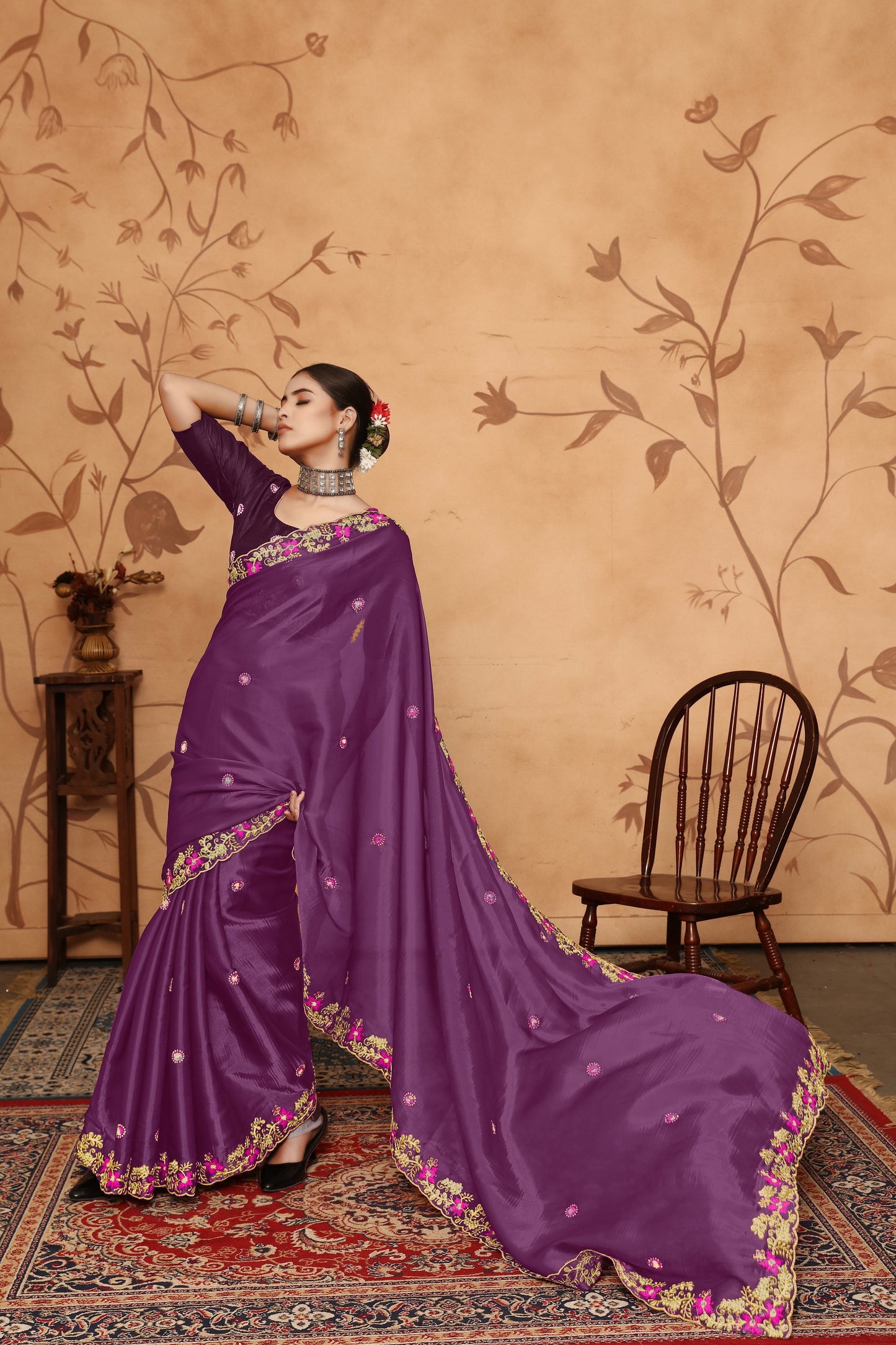 Dhiyona GR Women's Armani Wine Jimmi Choo Embroidered Saree