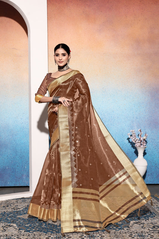 Dhiyona GR Women's Kalki Brown Tissue Cotton Silk Saree