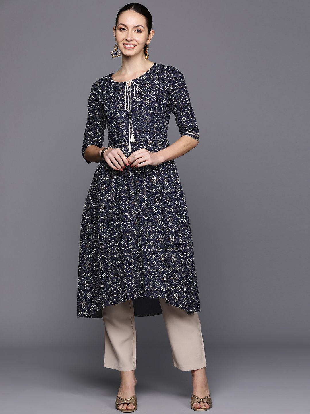 Dhiyona IE Bandhani Foil Printed Tie-Up Neck Indigo Kurta