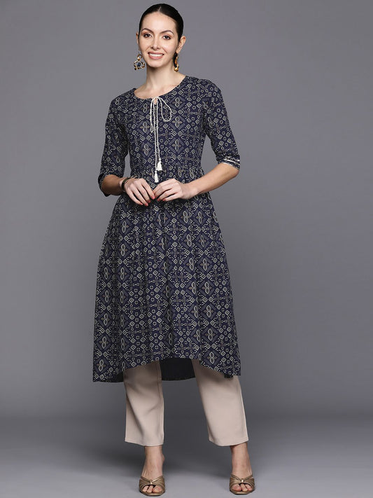 Dhiyona IE Bandhani Foil Printed Tie-Up Neck Indigo Kurta