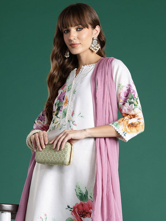 Dhiyona IE Floral Printed Straight Beads and Stones Linen Kurta With Trousers And Dupatta