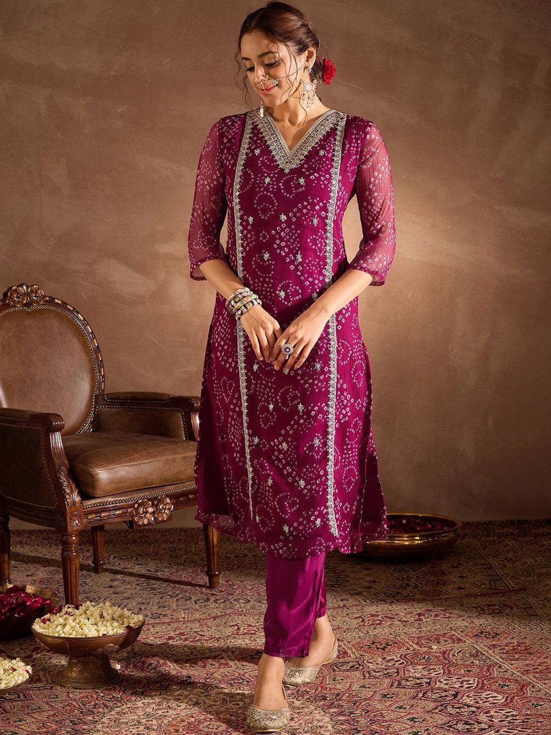 Bandhani Printed V-Neck Zari Silk Chiffon Straight Kurta With Trousers & Dupatta