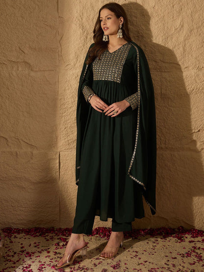 Dhiyona PD Women Yoke Design V-Neck Sequinned Pleated Georgette Kurta & Trousers & Dupatta